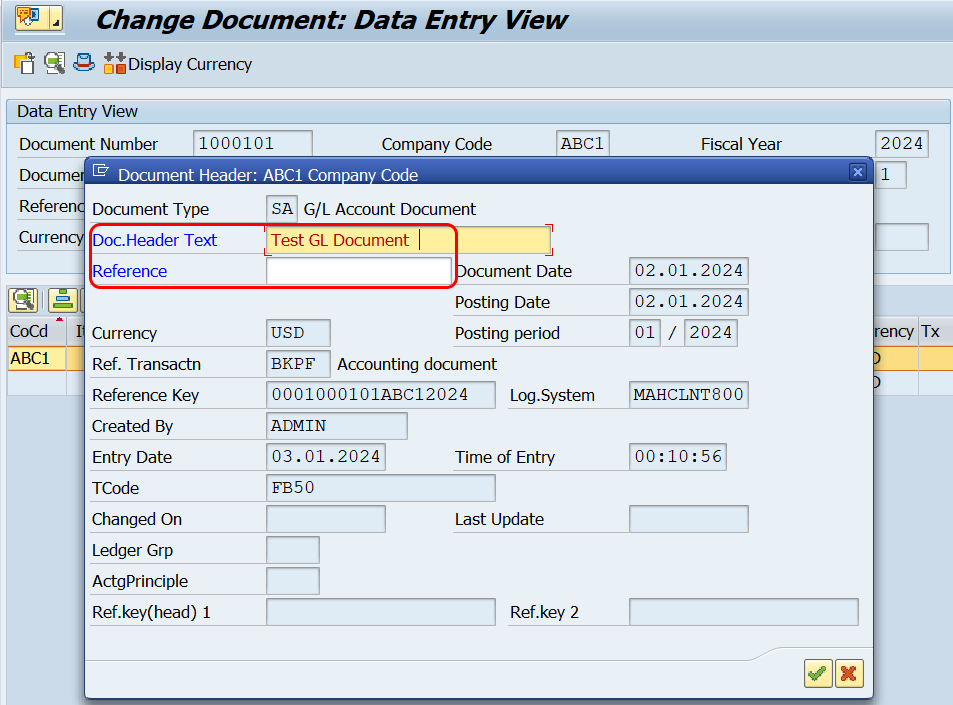 how to change document header text in sap